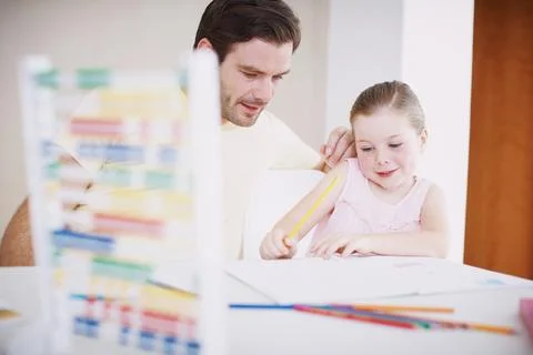 Dad, child and help with homework in home for learning support, math activi.. Stock Photos
