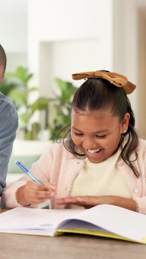 Dad, child and high five with math homework for problem solving, study support Stock Footage 335315768