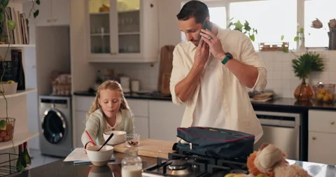 Dad, child and phone call with school for breakfast, packing or preparation in Video stock 308534193