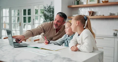 Dad, children and learning with laptop in home for online education, assessment 스톡 동영상 337687609