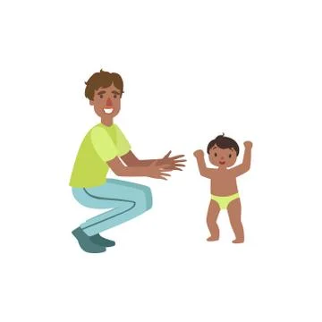 Dad Crouching To Catch Walking Toddler Stock Illustration