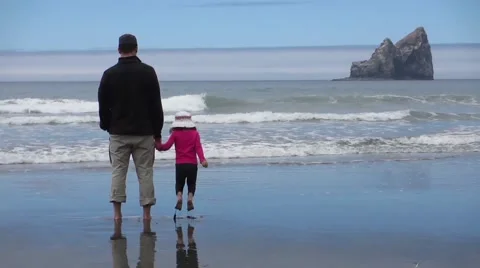 Dad &amp; Daughter On Beach Looking At Ocean Video stock 44789688