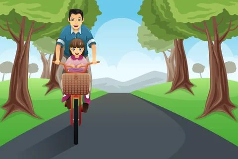 Dad daughter biking together Stock Illustration