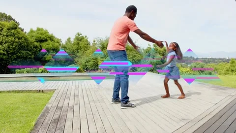 Dad facing child, guiding spinning and skipping on pool deck, purple-cyan Stock Footage 331158375