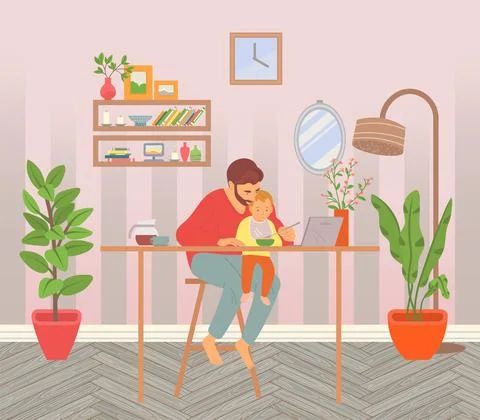 Dad feeds baby in bib, using spoon. Tablet on the table, time for lunch. Flat Stock Illustration