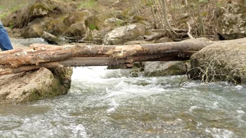 Dad helps a child cross a makeshift bridge over a river Stock Footage 153833675