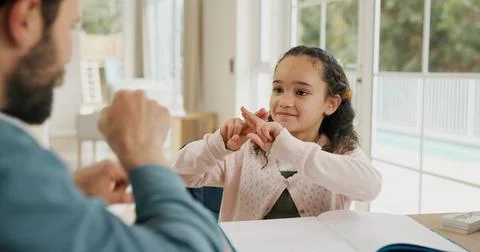 Dad, kid and learning sign language in home for development, growth and car.. Stock Photos