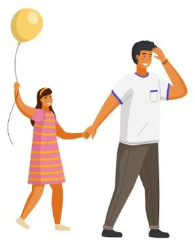 Dad leads his daughter by hand. People strolling on a summer day. The bright sun Stock Illustration