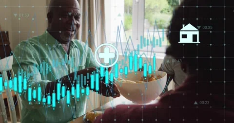 Dad lifting bowl and sharing rolls while grid and energy icons sweeping table Stock Footage 334114159