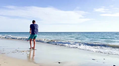 Dad play with son boy on the beach spin holding hands Video stock 231297309