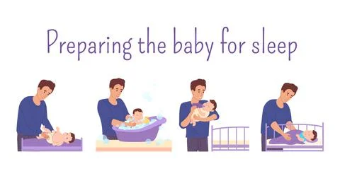 Dad prepares baby for bed:changes the diaper for the baby,bathes in the batht Stock Illustration