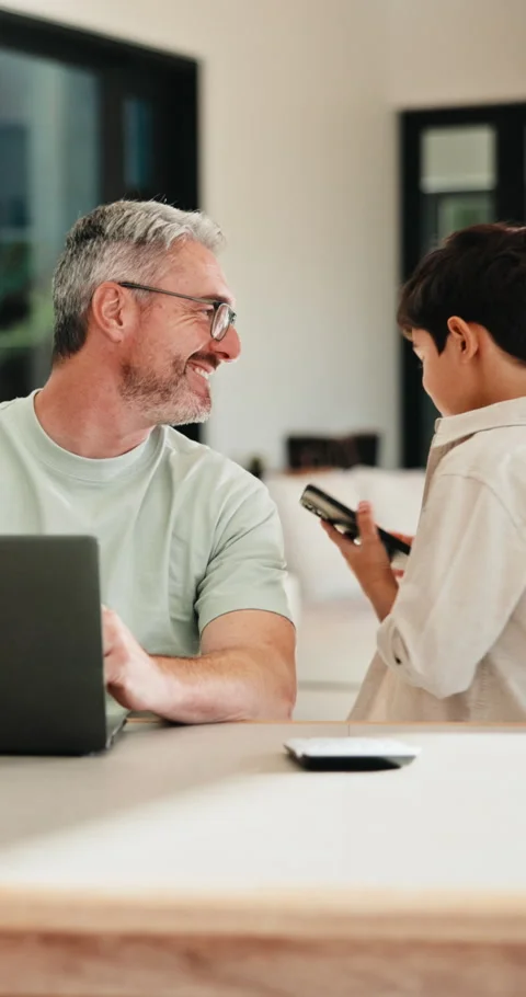 Dad, remote work and chat with child in house, happy and editing novel on web Stock Footage 335875267
