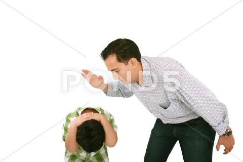 Dad scolding his son, father with son isolated on white Stock Photos