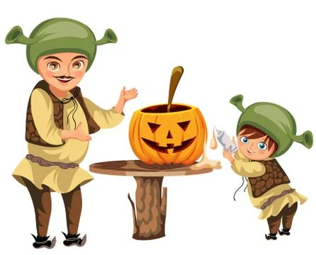 Dad with son making Halloween pumpkin poster Stock Illustration