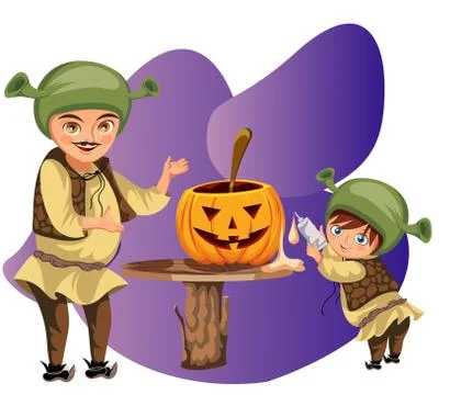 Dad with son making Halloween pumpkin poster. Cartoon father with little sonny Stock Illustration