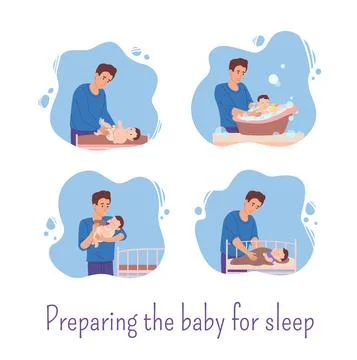 Dad stayed home and prepares the baby for bed he changes the diaper for the baby Stock Illustration