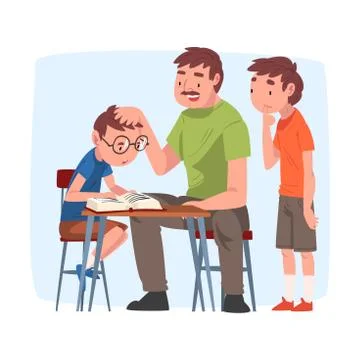 Dad Teaching his Sons, Parent Helping Children with Homework and Explaining Stock Illustration