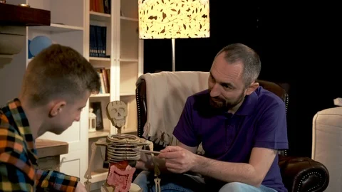 Dad telling his boy about the function of ribs in human skeleton Stock Footage 113884029