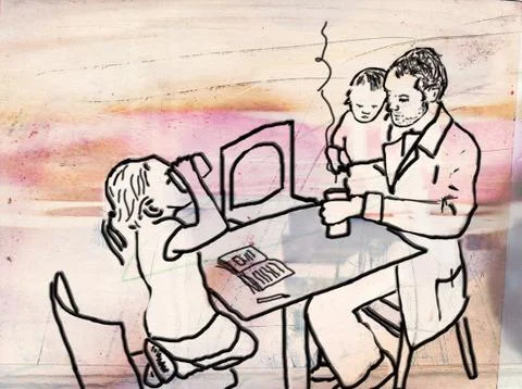 Dad working at coffeeshop with his two young children Stock Illustration