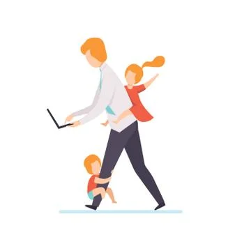 Dad Working on Laptop Computer While Kids Playinh with Him, Freelancer, Parent Stock Illustration