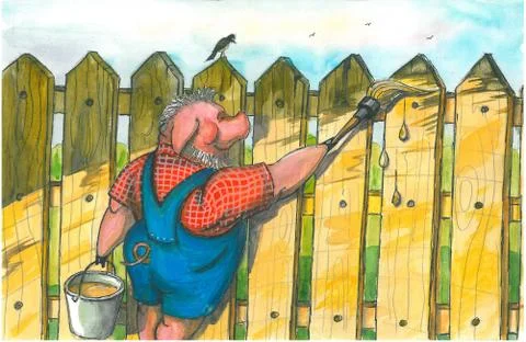 Daddy piggy paints the fence. Stock Illustration
