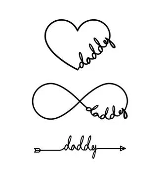 Daddy - word with infinity symbol, hand drawn heart, one black arrow line Stock Illustration