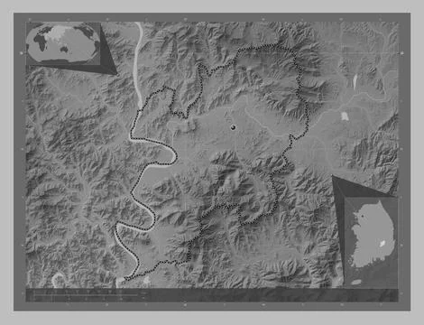 Daegu, South Korea. Grayscale elevation map with lakes and rivers Stock Illustration