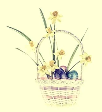 Daffodil and Easter Eggs in Basket - Retro Stock Photos