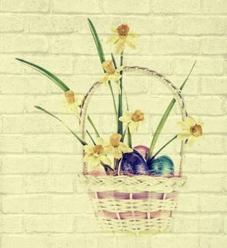 Daffodil and Easter Eggs in Basket - Brick Texture Stock Photos