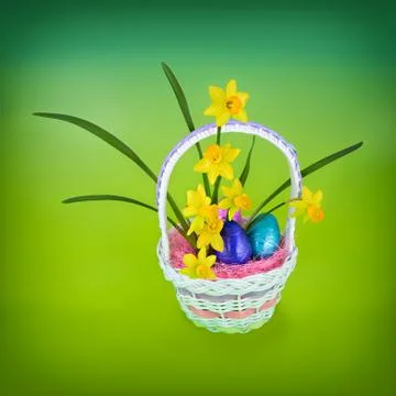 Daffodil &amp; Easter Eggs in Basket - Vibrant Stock Photos