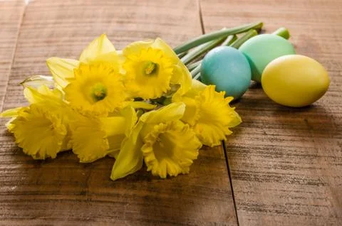 Daffodils and dyed Easter eggs 写真素材
