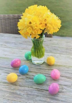 Daffodils and Easter Eggs Stock Photos