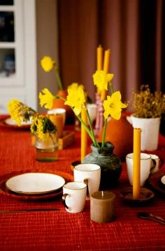 Daffodils in a flower vase on the table Stock Photos