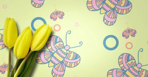 Daffodils in front of butterfly pattern Foto stock