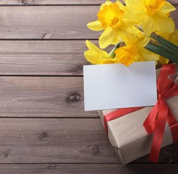 Daffodils with gift box Stock Photos