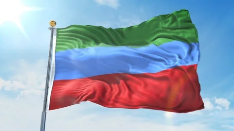 Dagestan flag waving in the wind against deep blue sky. National theme. Stock Footage 123982437