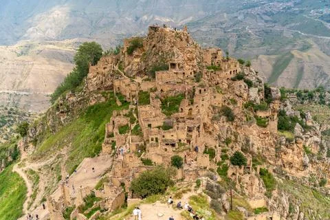 Dagestan Gamsutl. Ancient ghost town of Gamsutl old stone houses in abandoned Stock Photos