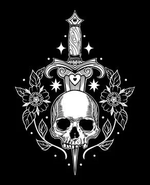 Dagger Piercing Human Skull with Flowers Vector Art Stock Illustration
