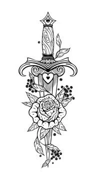 Dagger with rose, berries, leaves, and heart detail Stock Illustration