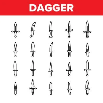 Dagger, Sharp Weapon Thin Line Icons Set Stock Illustration
