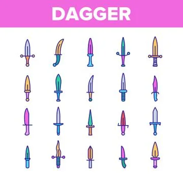 Dagger, Sharp Weapon Vector Thin Line Icons Set Stock Illustration
