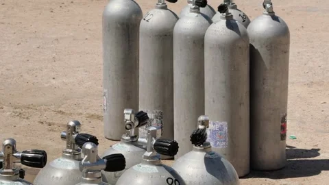 Dahab, Egypt - August 31, 2025: Close up of scuba cylinders prepared for diving Stock-Footage 341451967