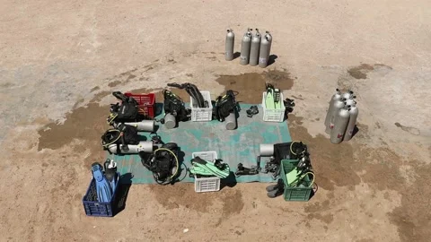 Dahab, Egypt - August 31, 2025: Scuba diving equipment prepared for tourist Video stock 341452114