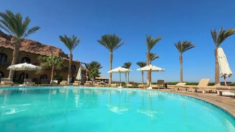 Dahab, Egypt - September 20, 2025: Luxury Resort Swimming Pool with Palm Trees Stock Footage 341300505