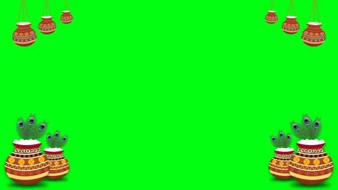 Dahi handi and decorated pot with peacock feathers on green screen. Stock Illustration