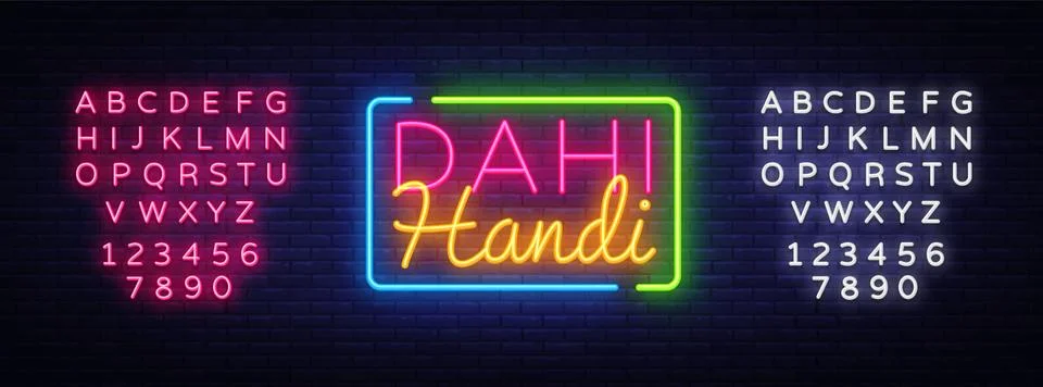 Dahi Handi Celebration Design Template. Janmashtami neon style, light banner Stock Illustration