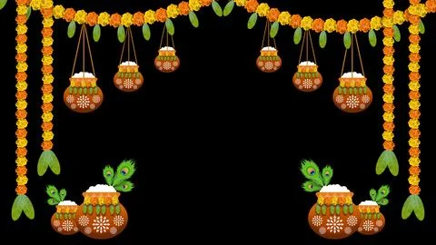 Dahi handi, flower decoration, decorated pot and peacock feathers decoratio.. Stock Illustration