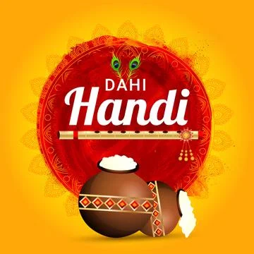 Dahi Handi poster design with full curd pot and golden flute on orange and .. Stock Illustration