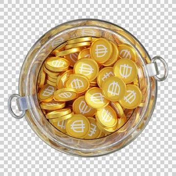 Dai in 3D crypto coin saving bank with stack coins on isolated background Stock Photos