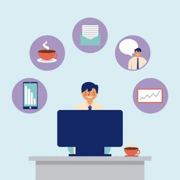 Daily activity computer man office work Stock Illustration
